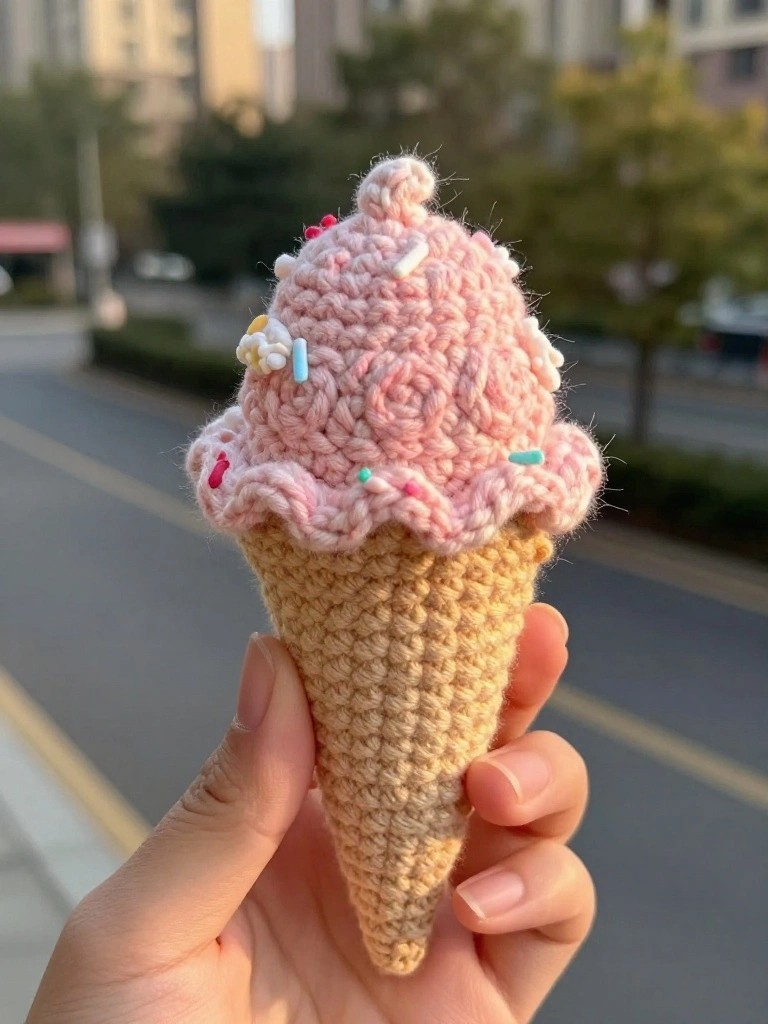 Hand holding pink crocheted ice cream cone with colorful sprinkles.