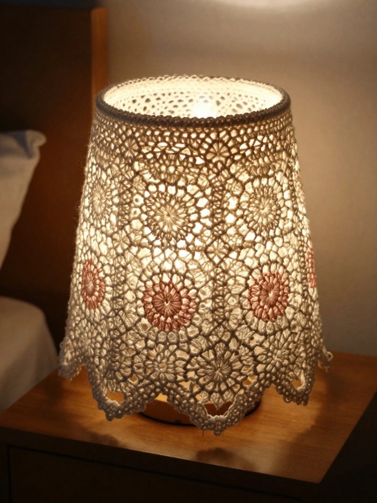 A lit crocheted lace lampshade with pink floral motifs rests on a wooden nightstand.