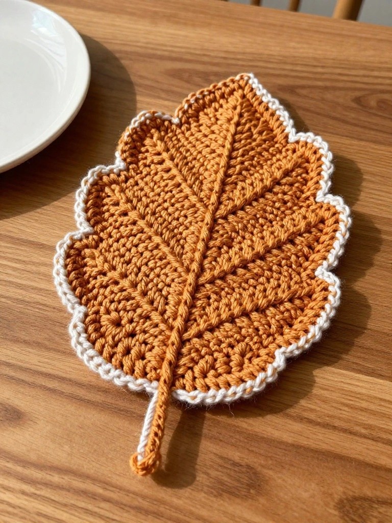 Orange crocheted leaf with white border and stem on wooden table