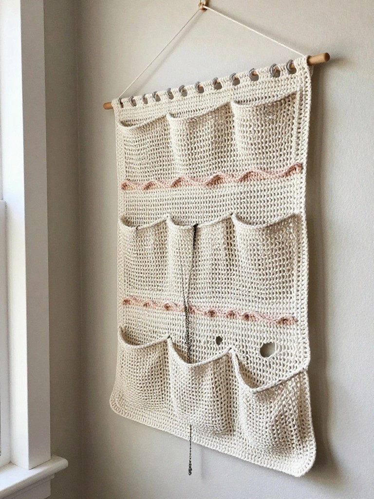 A cream crocheted wall hanging with several rows of pockets and pink decorative stripes hangs from a wooden dowel on a light-colored wall.