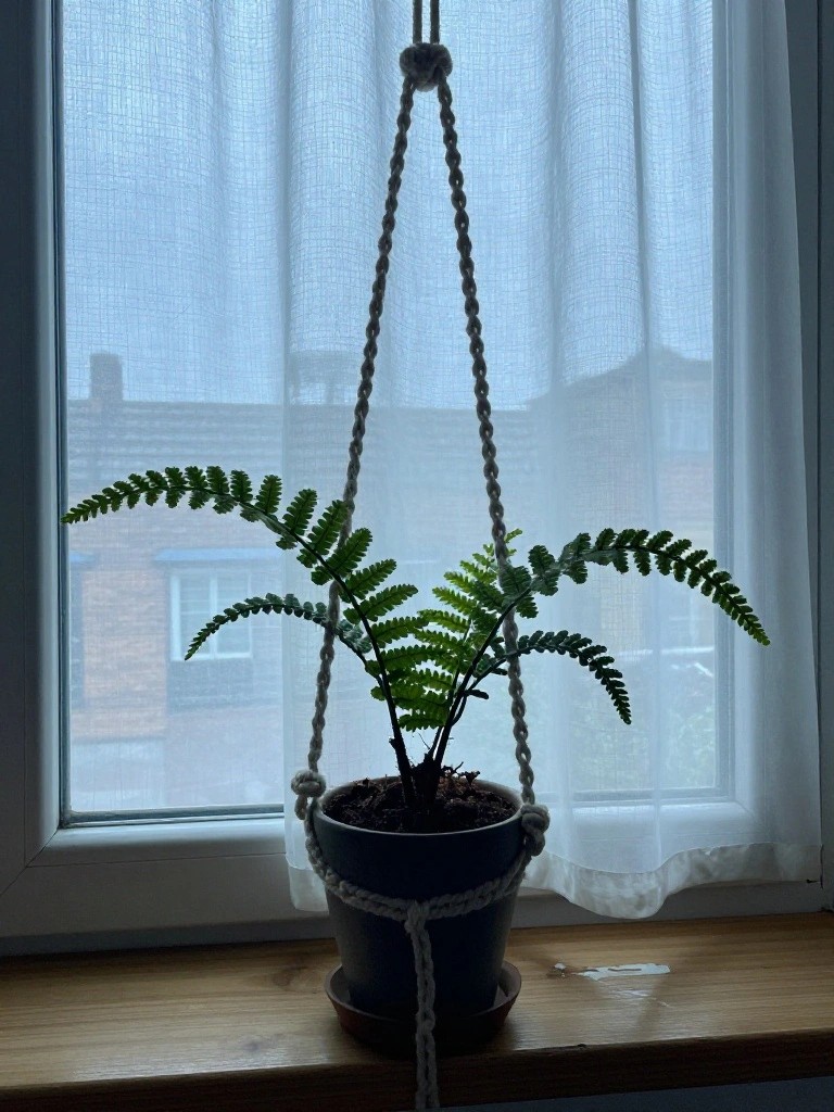 Green fern in dark pot hanging from macrame ropes by window with curtains