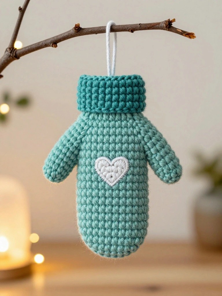 A teal crocheted mitten with a white heart hangs from a thin tree branch by a white loop.