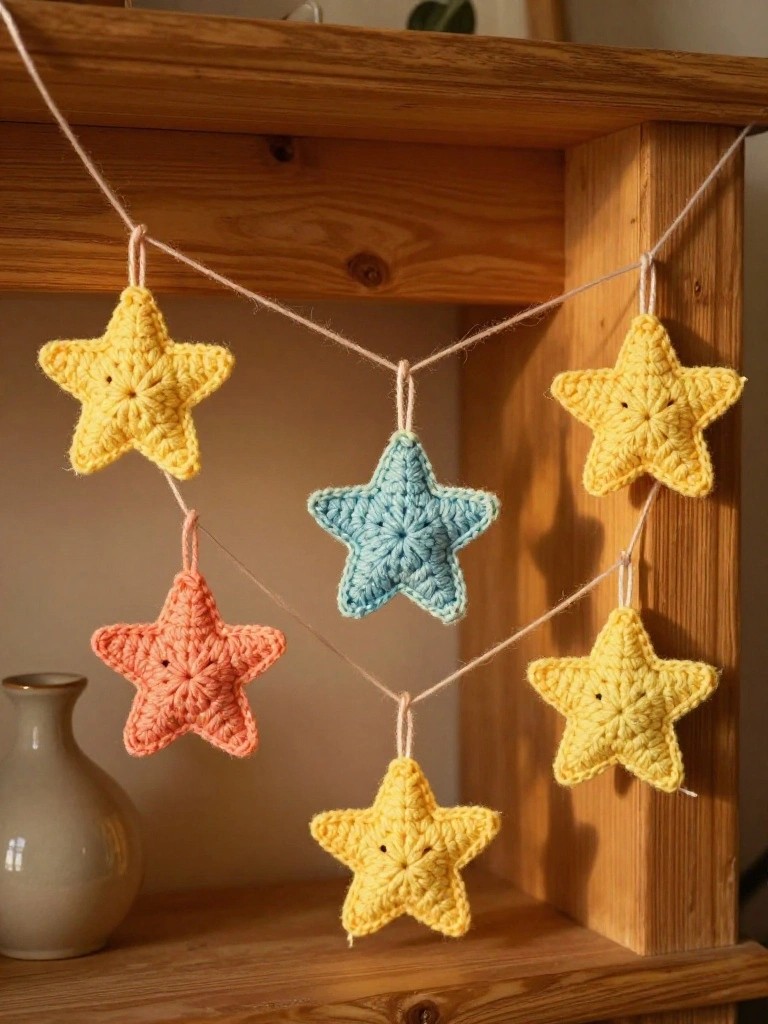 Crocheted stars in yellow, blue, and orange hanging from wooden shelves.