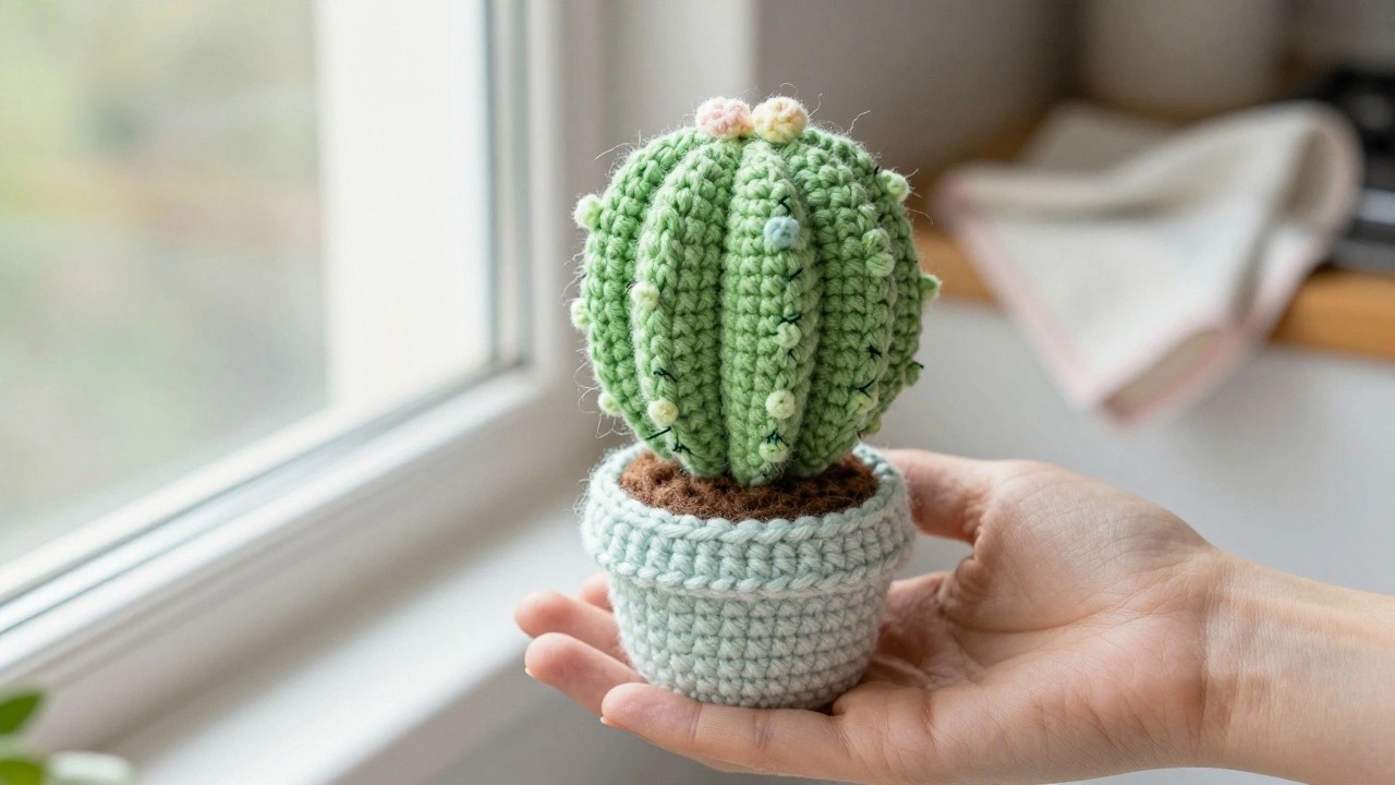 Hand holding light green crocheted cactus with beads in brown yarn pot