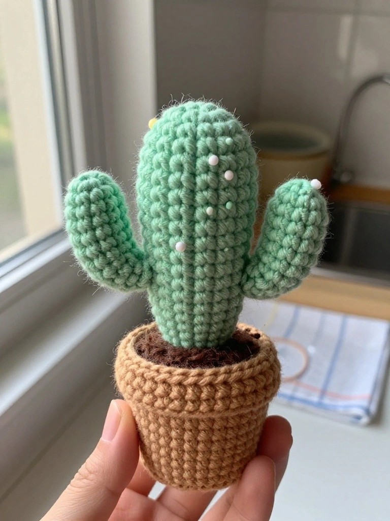 Hand holding light green crocheted cactus with beads in brown yarn pot