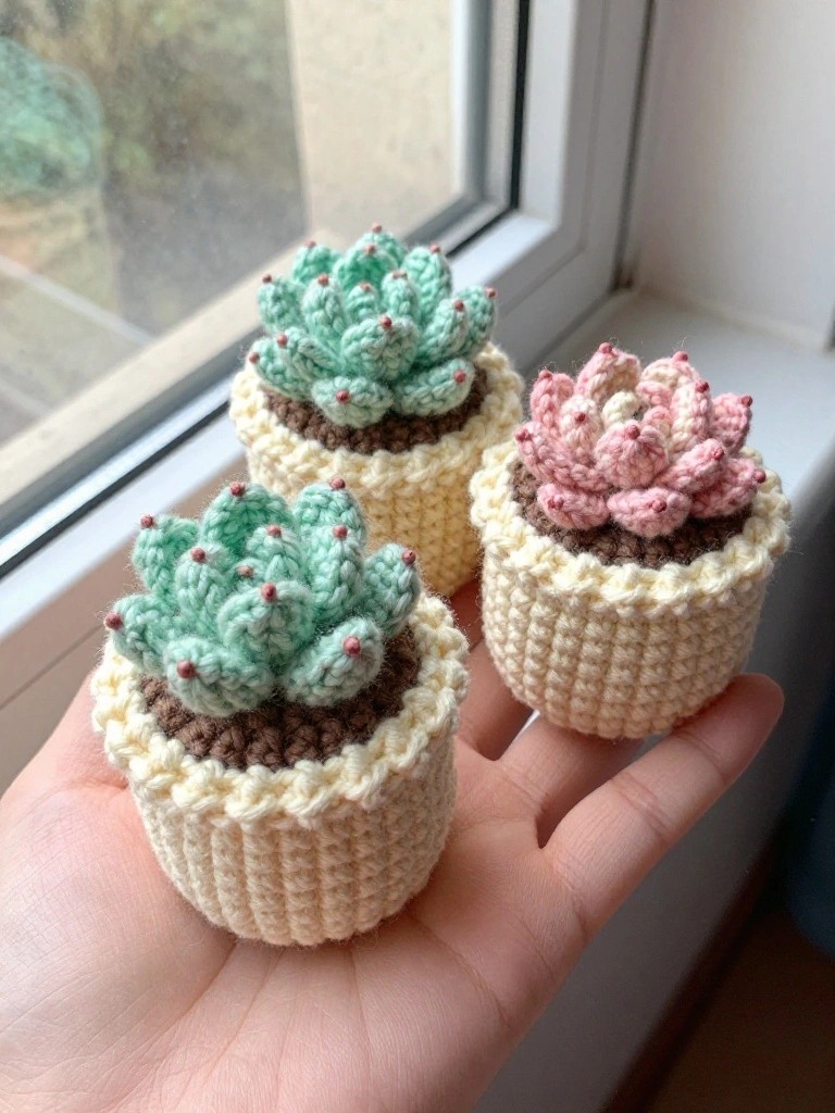 Three small crocheted succulents in cream pots held in a hand.
