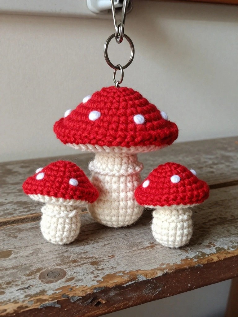 Three crocheted mushrooms with red spotted caps and white stems attached to a metal keyring.