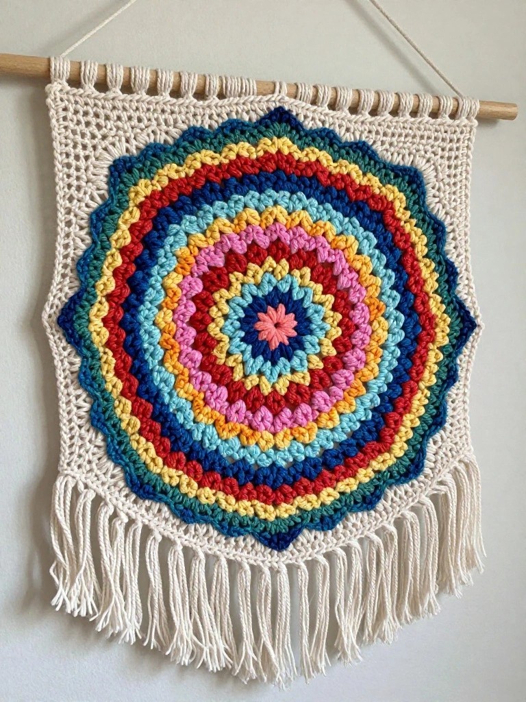 Vibrant rainbow crocheted mandala wall hanging with white fringes on wooden dowel.