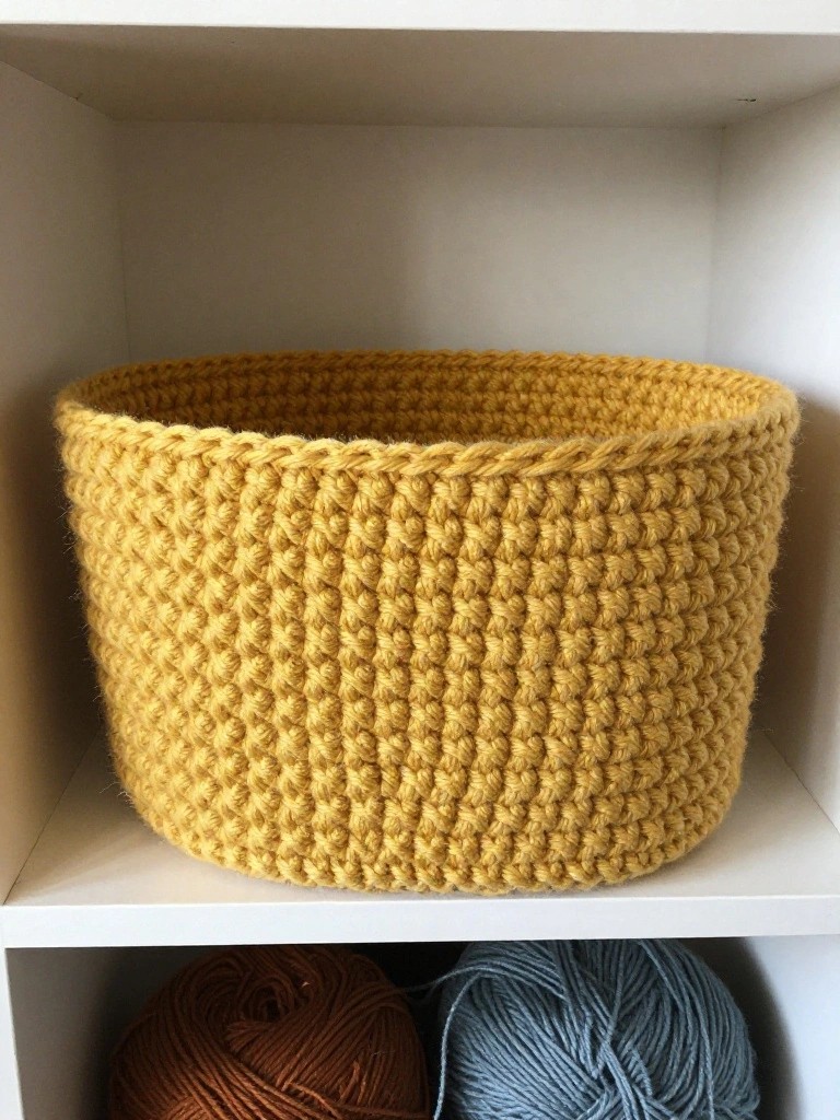Yellow crocheted basket on white shelf above orange and blue yarn skeins