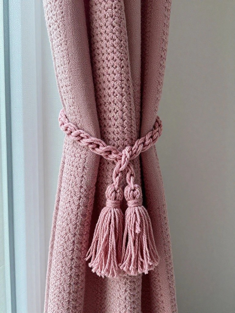 Pink crocheted tie-back with two tassels holding back textured pink curtains.