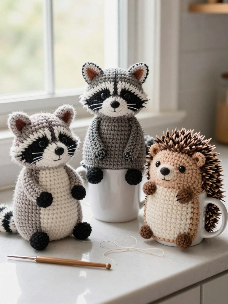 Crocheted raccoons and hedgehog on white mugs beside crochet hook on counter