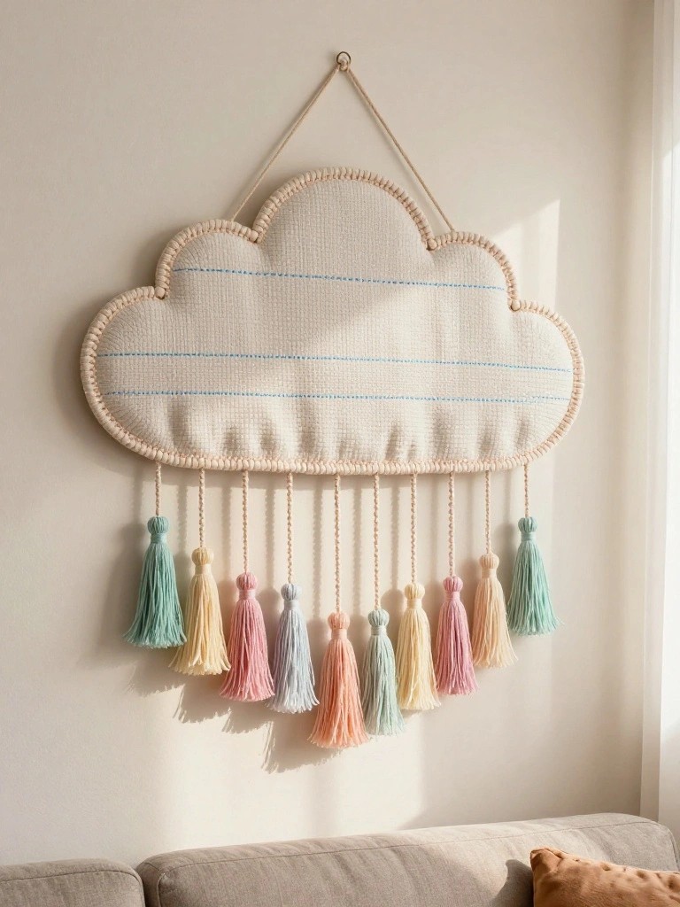 Cloud-shaped woven wall hanging with blue lines and pastel tassels dangling below