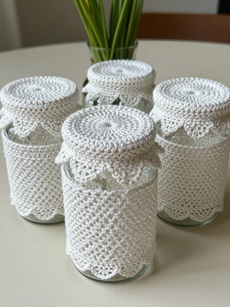 Four glass jars covered with white crocheted lace sleeves and circular tops on a white table.