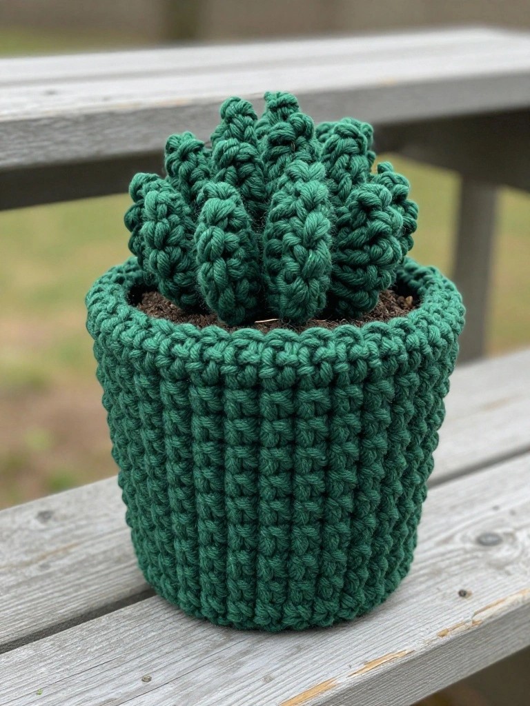 Green crocheted cactus in a matching yarn pot on a wooden bench.