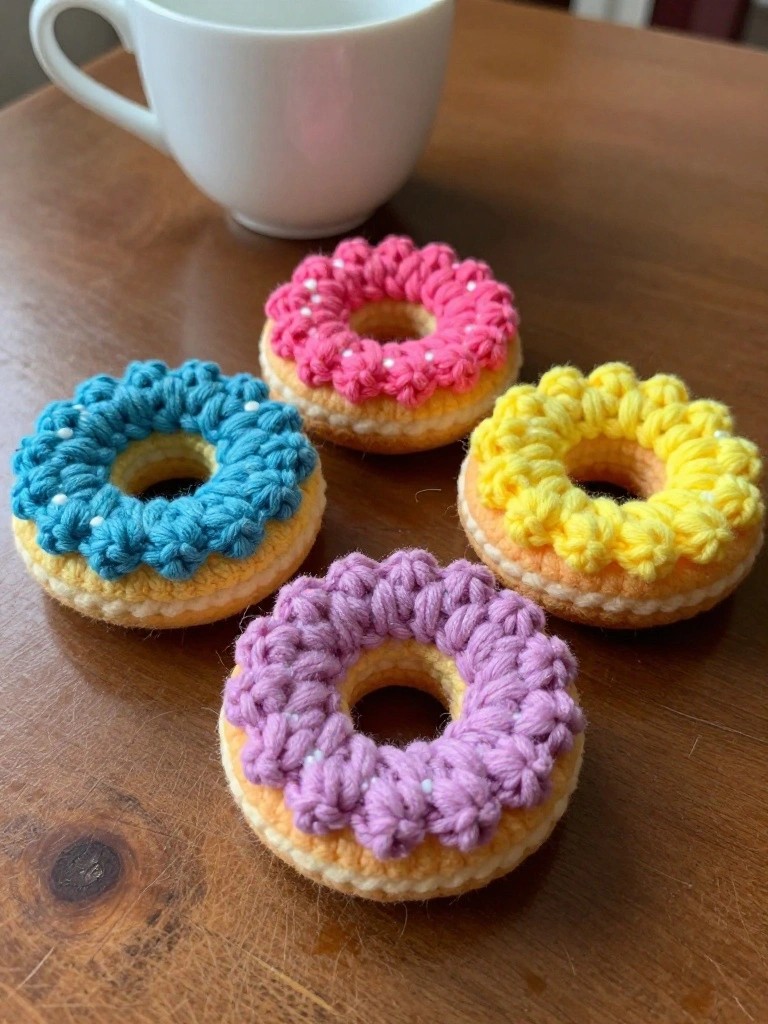 Four colorful crocheted donuts on wooden table beside white mug.