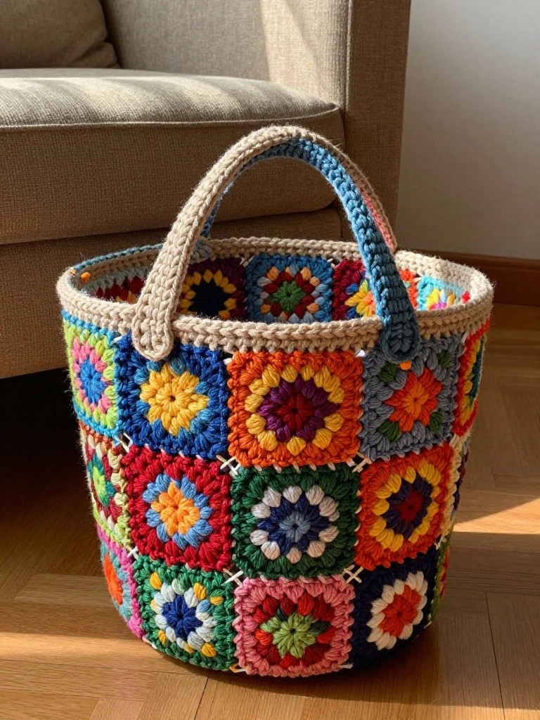 Colorful crocheted granny square basket with handle on wooden floor beside couch.
