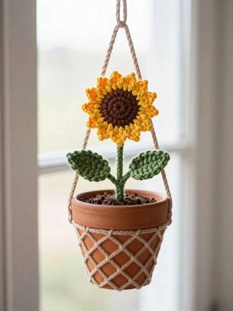 Crocheted yellow sunflower with green leaves in macrame-covered terracotta pot by window.