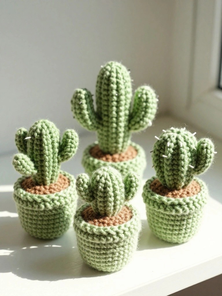 Four crocheted green cacti in matching pots on a sunny windowsill