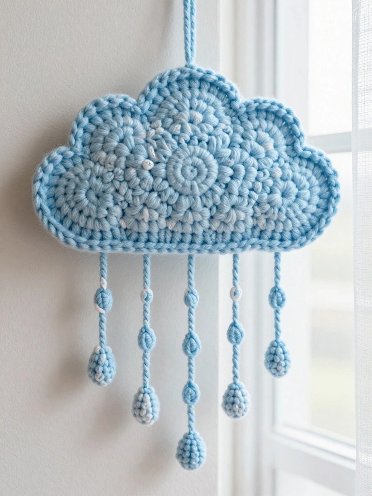Light blue crocheted cloud with five dangling knotted raindrop strings.