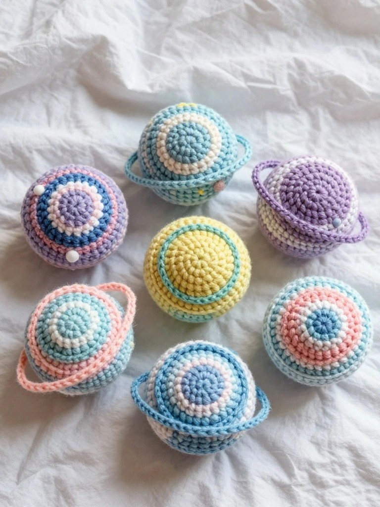 Assorted pastel crocheted planets with rings on wrinkled white fabric.