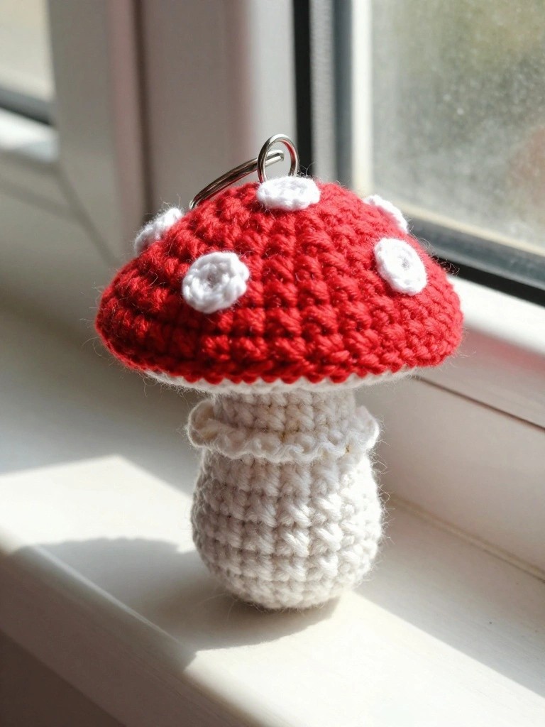 A crocheted red mushroom with white spots on the cap and a white stem, attached to a metal keyring, sitting on a windowsill.