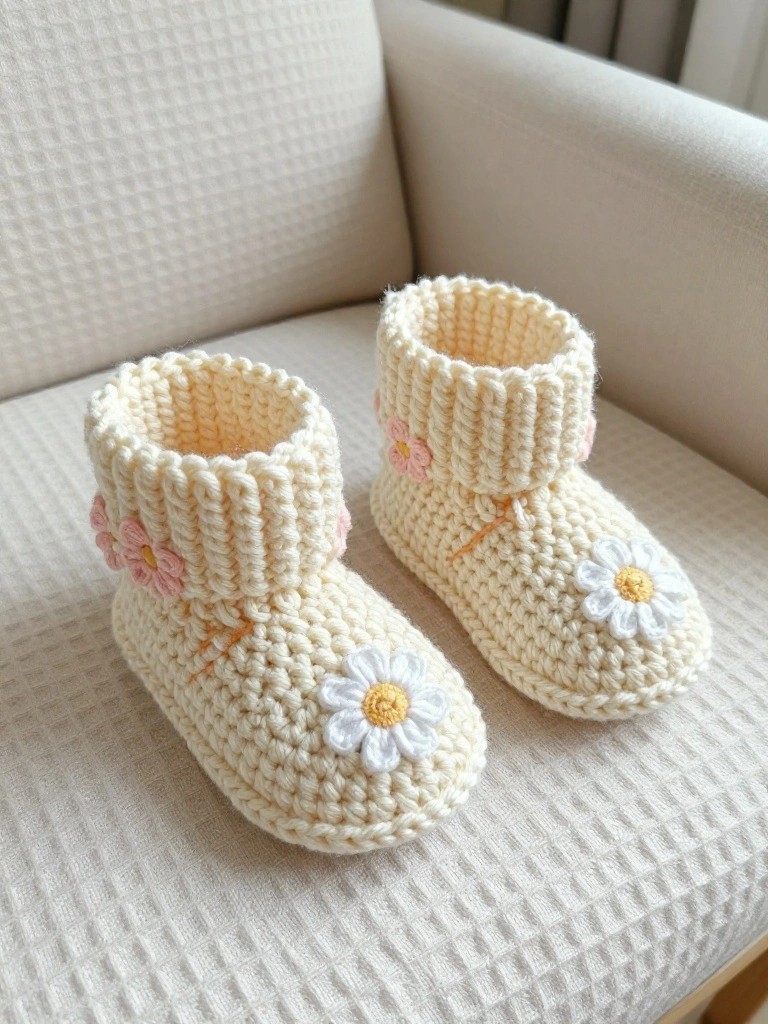 Cream knitted baby booties with pink and white flower decorations on a couch