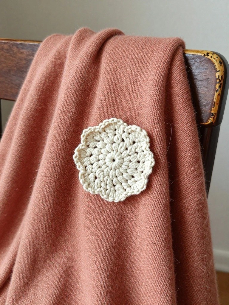 Dusty rose knitted blanket with white crocheted flower on wooden chair arm