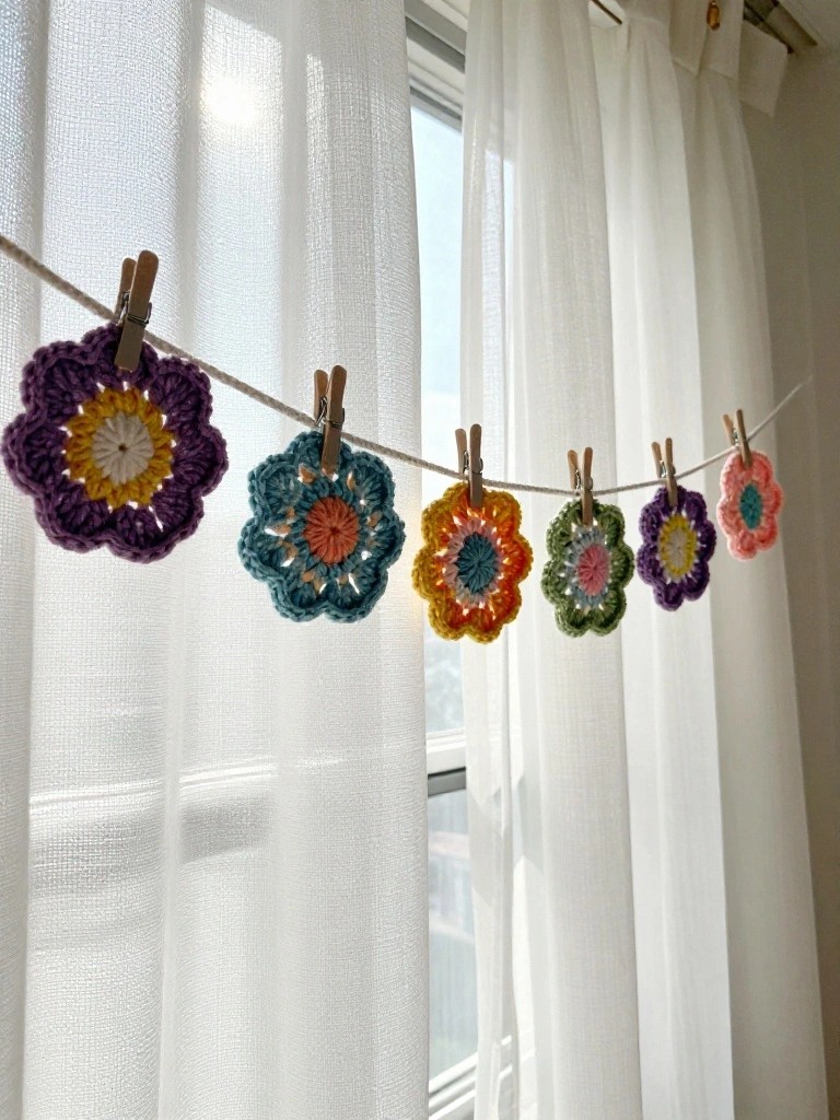Colorful crochet flower motifs clipped to twine with wooden clothespins against white curtains.