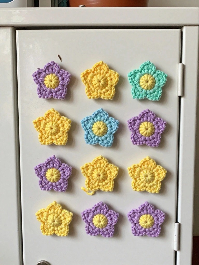 Colorful crocheted flower magnets arranged in rows on a white refrigerator door.