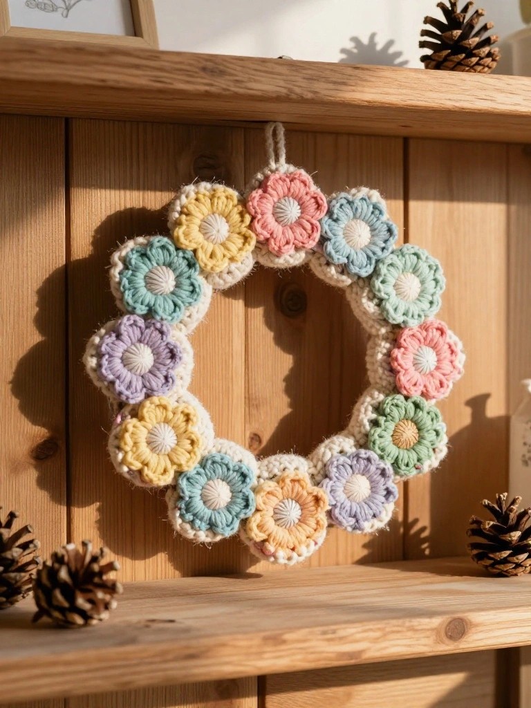 Pastel crocheted flower wreath hanging on wooden wall amid pinecones.