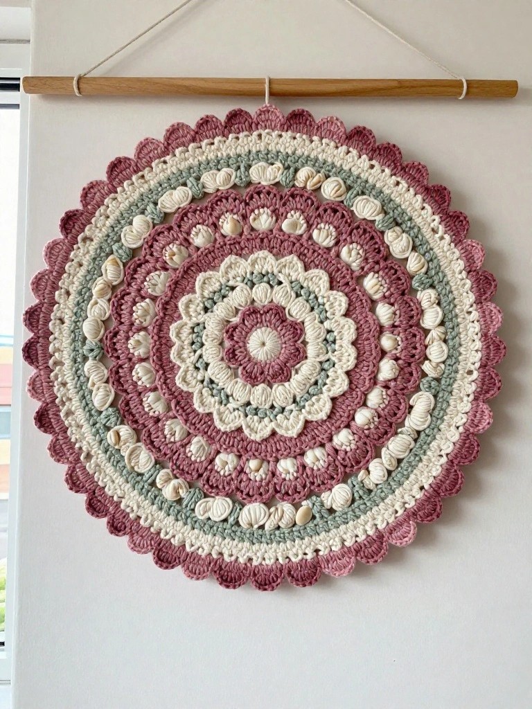 A round crocheted wall hanging with concentric rings in dusty rose, cream, and sage green hangs from a wooden dowel by a cord.