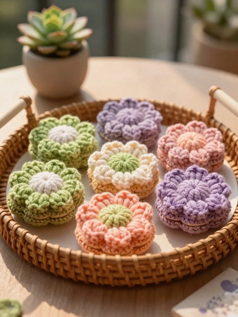 Colorful crocheted flower coasters in a woven basket on a wooden table