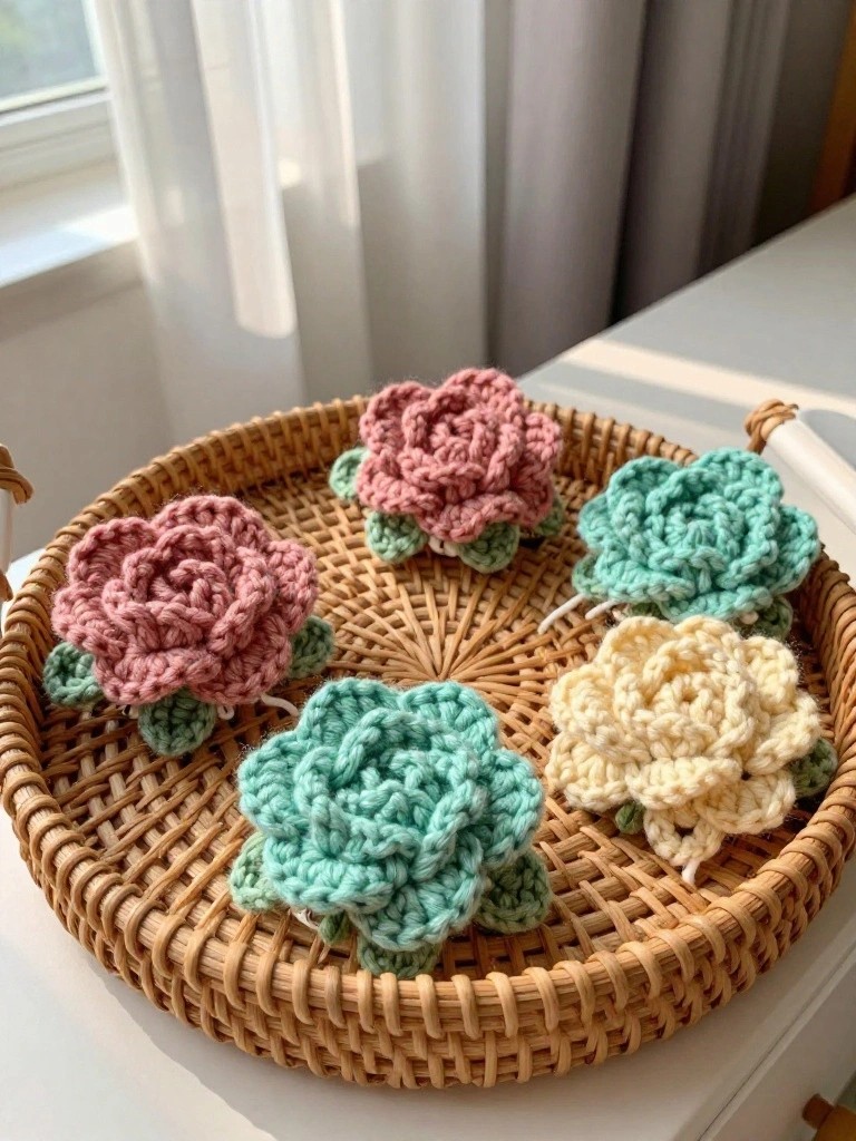 Colorful crocheted roses in pink, teal, and yellow inside a woven basket.