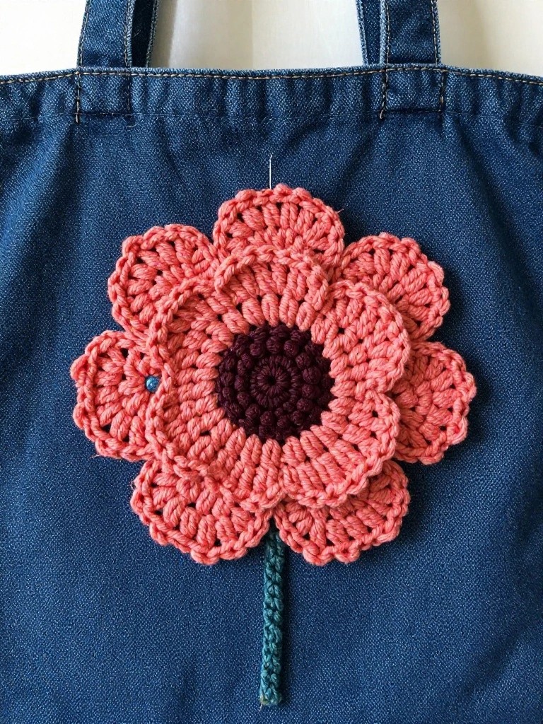 Pink crocheted flower with dark center on blue denim tote bag