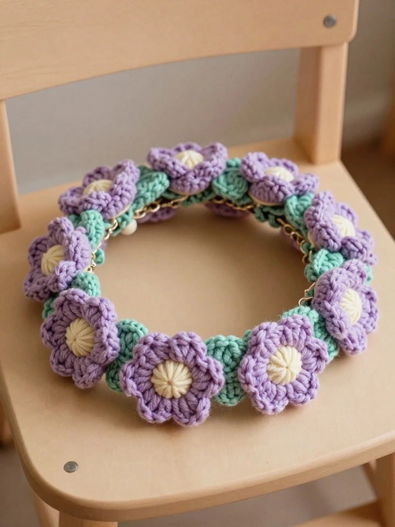 Purple and mint crocheted flower necklace with gold chain on wooden chair.