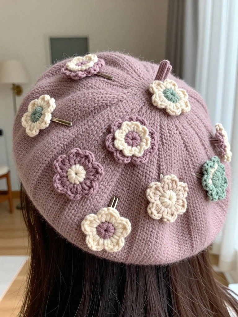 Knitted mauve beret adorned with pastel crocheted flowers clipped to the hat.