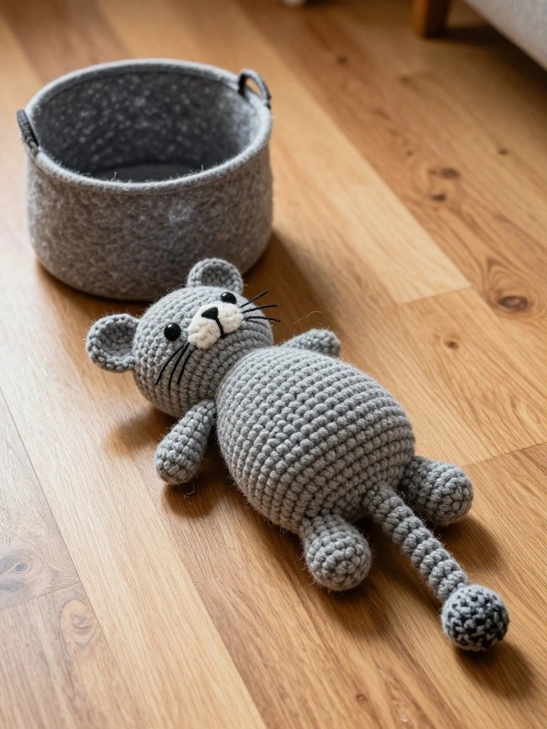 Gray crocheted cat toy beside woven basket on wooden floor