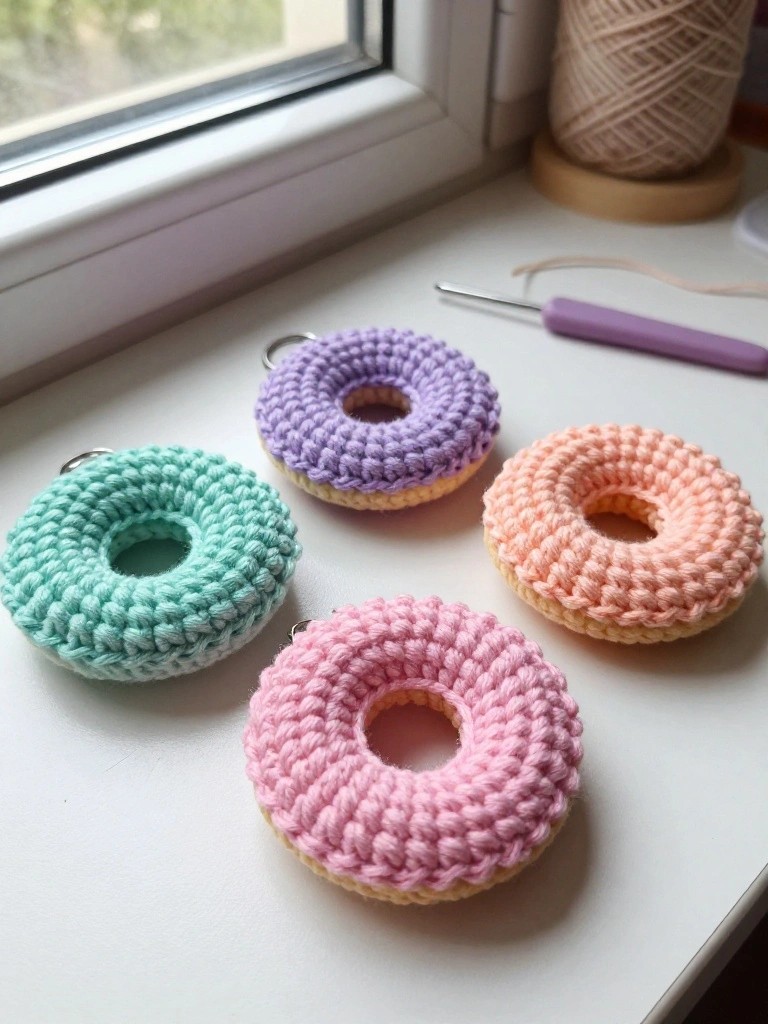 Four colorful crocheted donut keychains on a white windowsill with yarn and hook