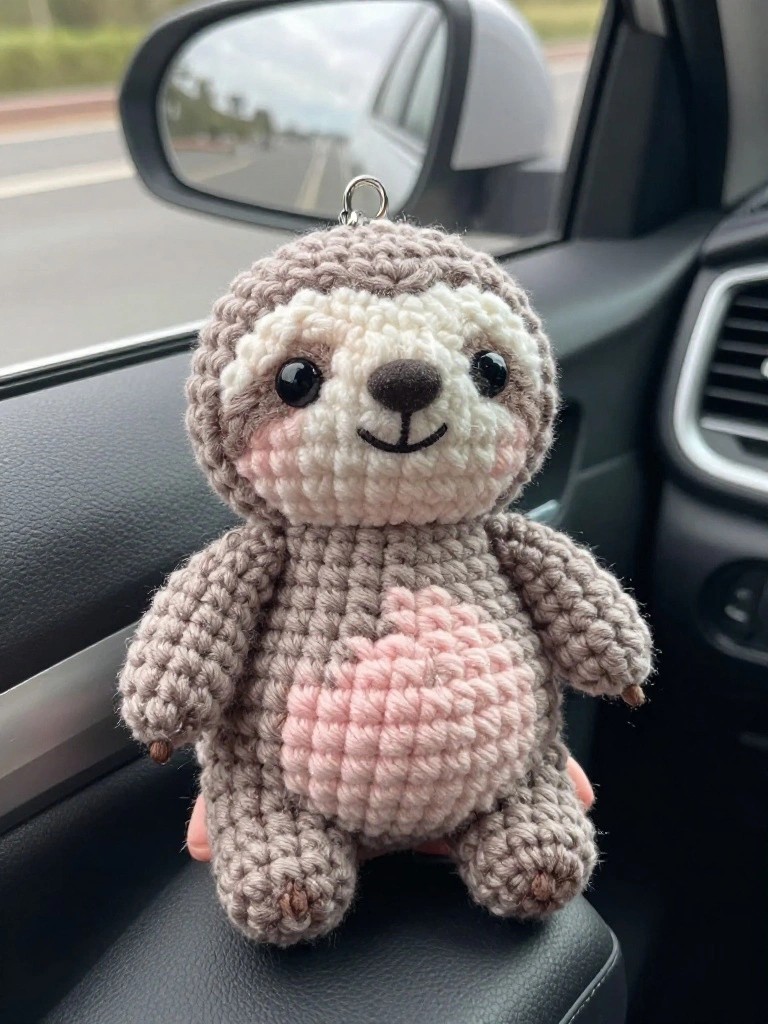 A crocheted sloth plushie with a pink heart on its belly hangs from a keychain inside a car.