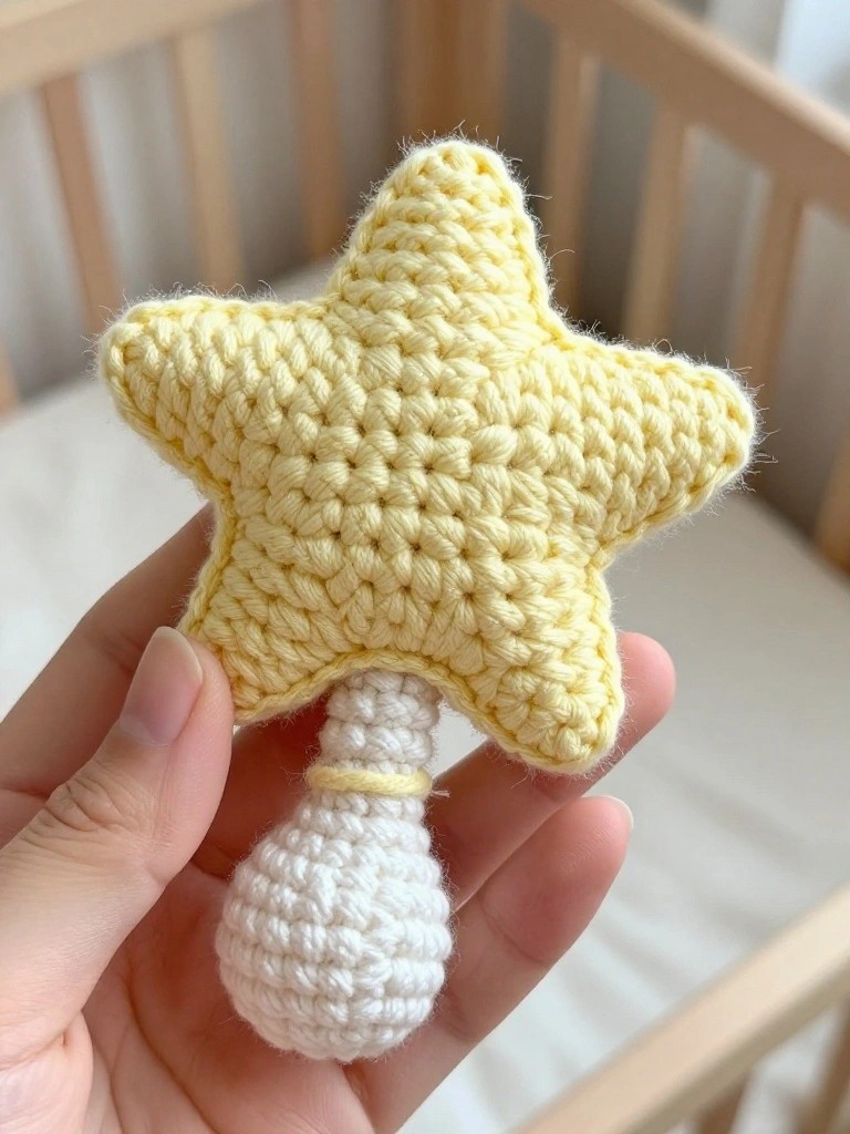 A hand holds a yellow crocheted star attached to a white crocheted handle and bulb.