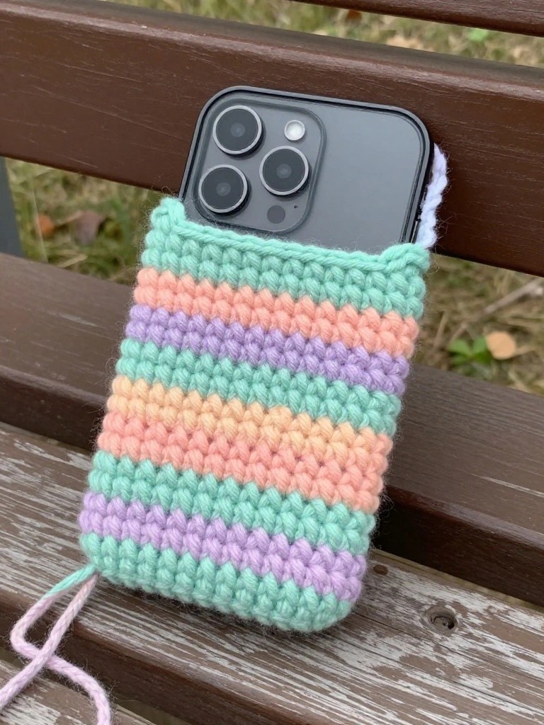 Striped pastel crochet phone case holding smartphone on wooden bench
