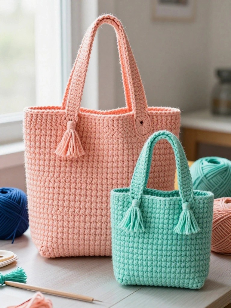 Pink and turquoise crocheted tote bags with tassels beside yarn balls on table