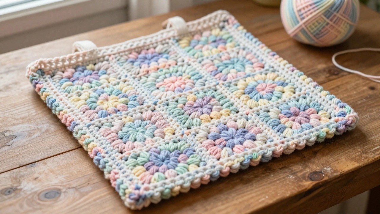 A pastel granny square tote bag rests on a wooden table beside a ball of multicolored yarn.