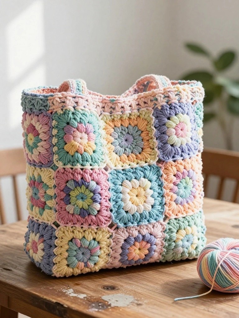 A pastel granny square tote bag rests on a wooden table beside a ball of multicolored yarn.
