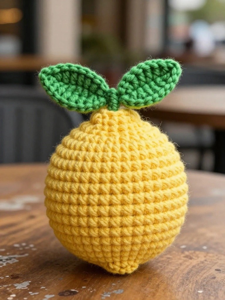 A crocheted yellow lemon with green leaves sitting on a wooden table.