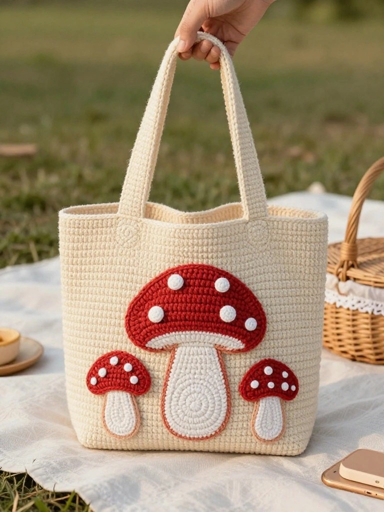 Hand holding cream crocheted tote bag with red mushroom appliques on picnic blanket.