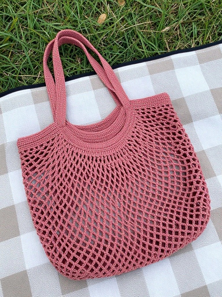 Pink crocheted mesh tote bag on checkered blanket over green grass.