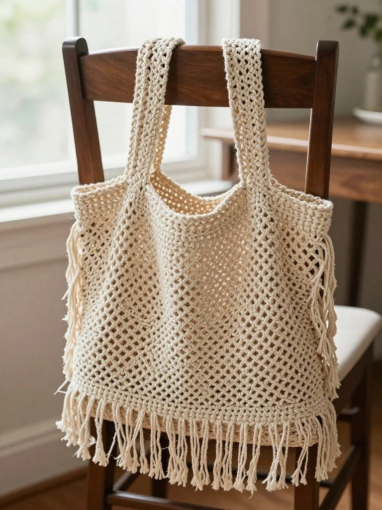 Cream crocheted tote bag with fringe draped over wooden chair back