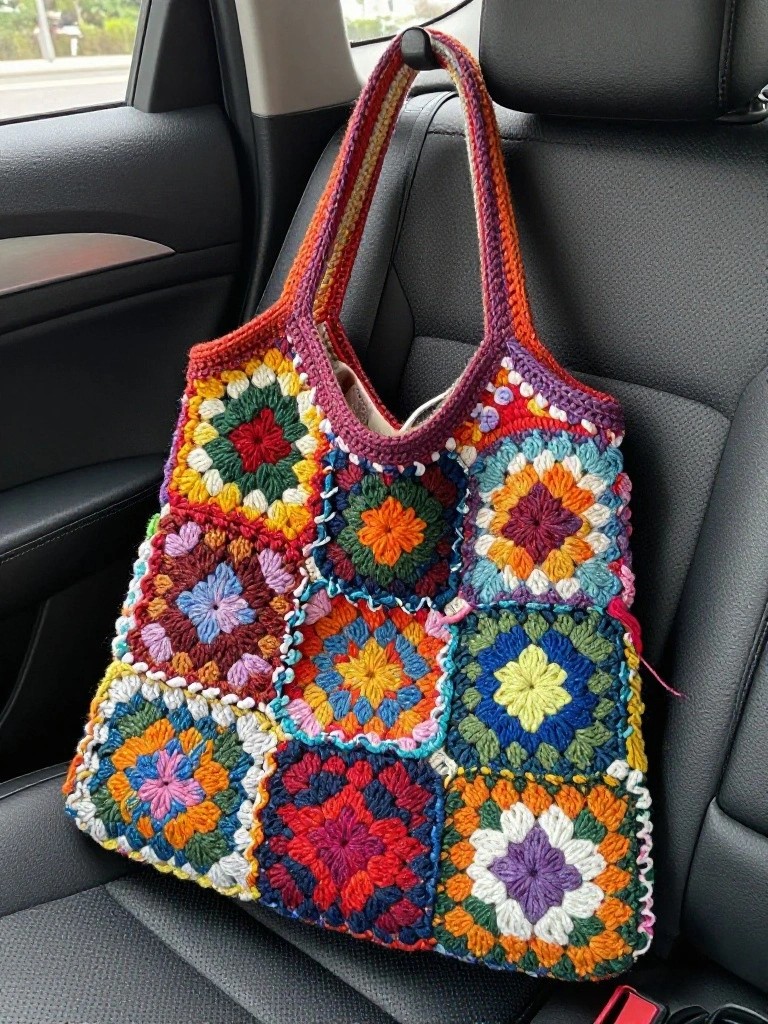 A multicolored granny square crochet tote bag hanging from a car headrest.