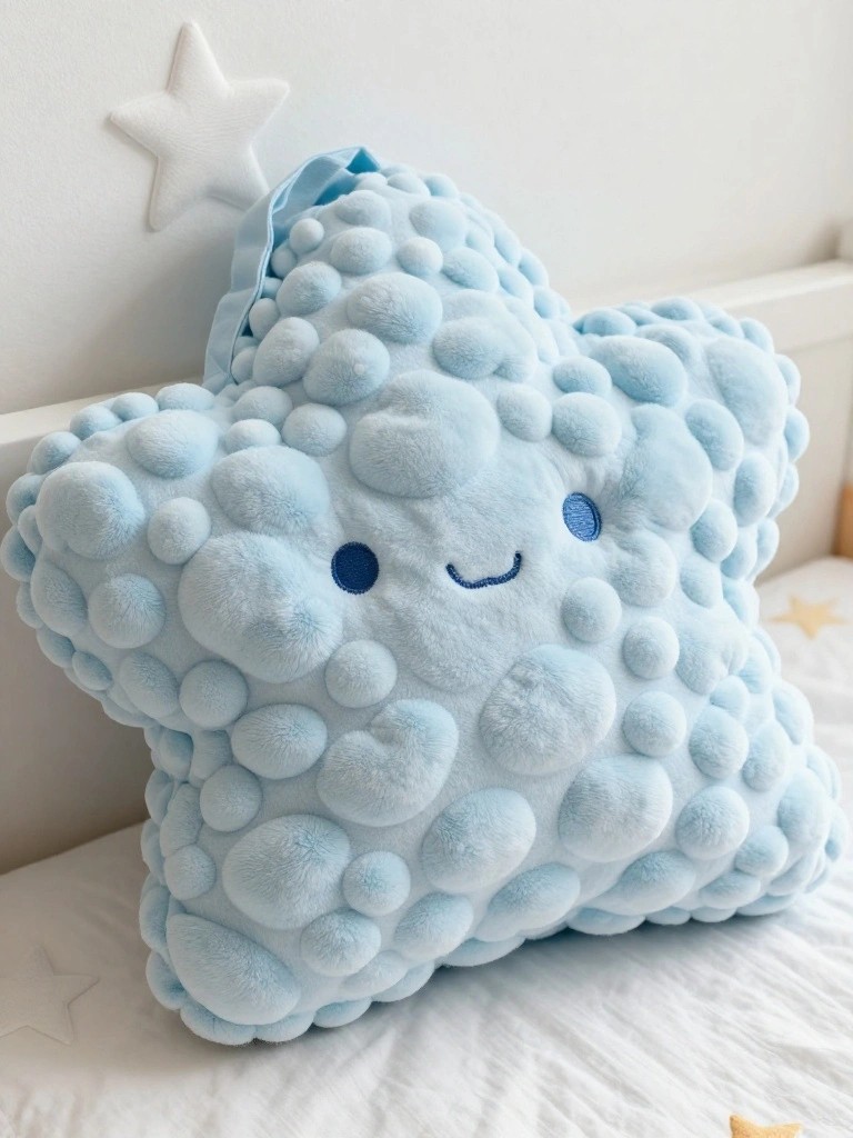 Light blue star-shaped plush pillow with bumpy pom-pom texture and smiling face on bed.